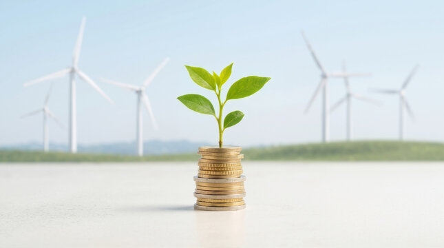 Green plant growing on stack of gold coins with wind turbines in background for sustainable business concept