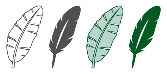 Four stylized feather and leaf icons in black, green, and outlined styles. Simple natural set on transparent background. © Alla