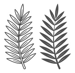 Black and white botanical line art of two stylized leaves. Vector hand drawn nature elements. © Alla