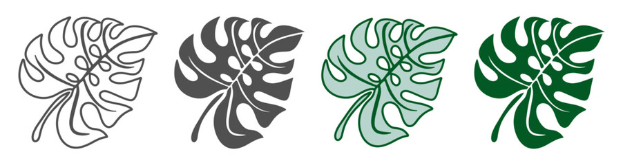 Set of monstera leaf variations in outline, solid, and colored styles. Botanical plant icons on transparent background. © Alla
