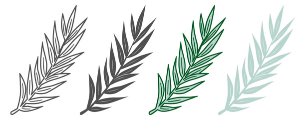 Set of four hand-drawn tropical leaves in various green shades on white background. © Alla