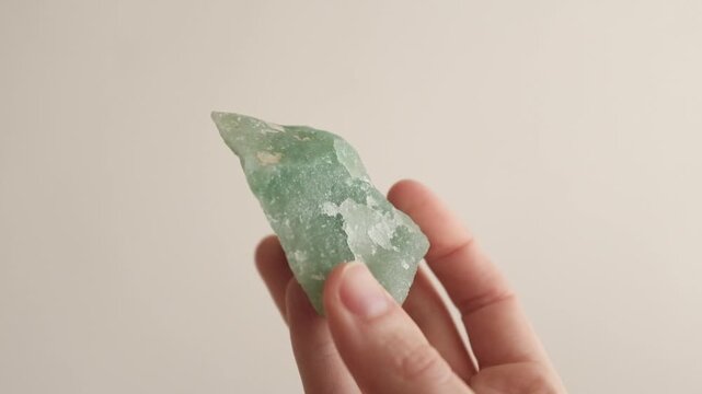 Close-up of a person's hand holding and turning a raw, unpolished green aventurine quartz crystal gemstone against a neutral studio background, horizontal orientation.