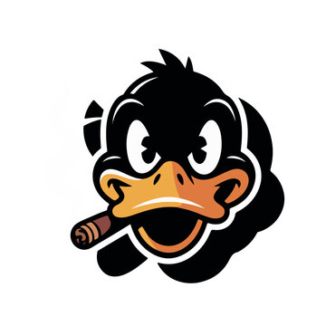 Fierce cartoon duck face in black silhouette with orange beak