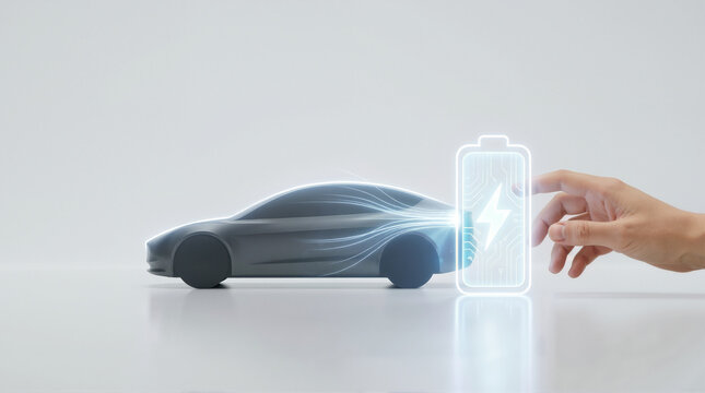 Hand charging futuristic electric car with transparent battery illustration for banner poster social media advertising packaging and commercial design use