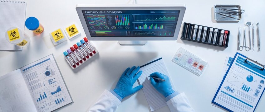 Scientist in lab coat and blue gloves analyzing hantavirus data on computer with test tubes and medical tools on white desk