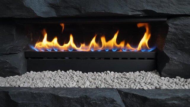 Modern Gas Fireplace with Blue Flames in a Dark Stone Wall
