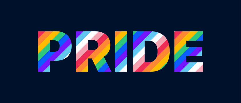 Pride Text with Rainbow Striped Pattern. Pride Typography with Transgender Inclusive Pride Flag Colours. Vector Illustration for LGBTQIA Pride Month Web Banner, Social Media, Poster.