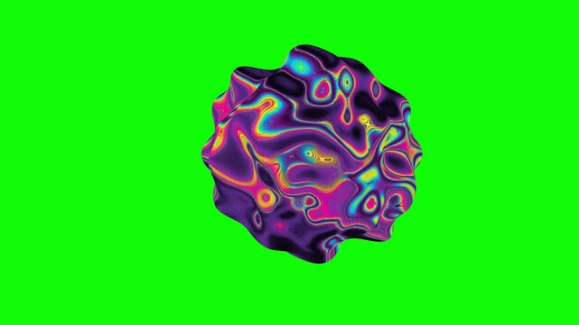 Iridescent liquid spheres morph and distort dynamically in a seamless 3D animation loop over an isolated chroma key green screen background for creators