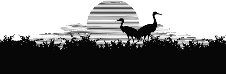 Fototapeta premium Silhouettes of two cranes at sunset in tall grass with detailed line art sky and sun