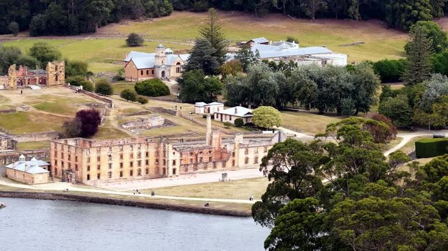 Bay on Port Arthur historic gaol site waterfront aerial landscape close up view Tasmanian landmark.