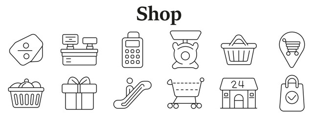 Fototapeta premium Shop set icon. Line icons depict price tag, cashier desk, payment terminal, scale weight, basket, location pin, grocery basket, gift box, escalator, shopping cart, store building, bag check