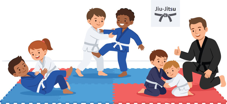 Kids Jiu Jitsu class vector illustration with children training on mats and coach supervising