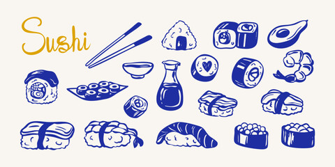 Hand drawn sushi set with sushi rolls, nigiri, soy sauce, and chopsticks. Naive doodle style vector collection. © Iana