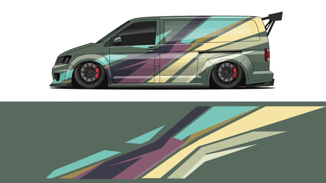 Sleek customized sports car with geometric color graphics and racing design.