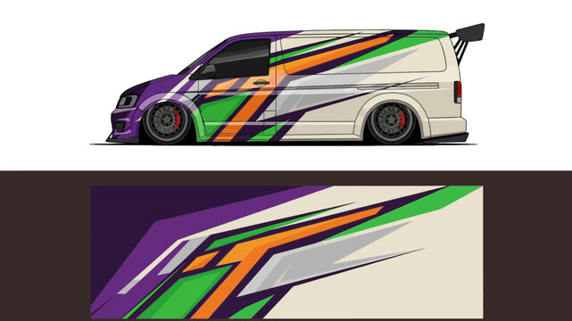 Colorful wrapped van with bold geometric decals and racing stripes on a white base.