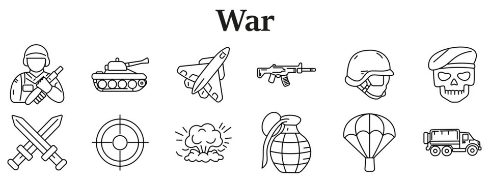 War set icon. Line icons depict soldier rifle, tank vehicle, fighter aircraft, gun weapon, helmet head, skull beret, crossed swords, target scope, explosion cloud, grenade, parachute, transport truck