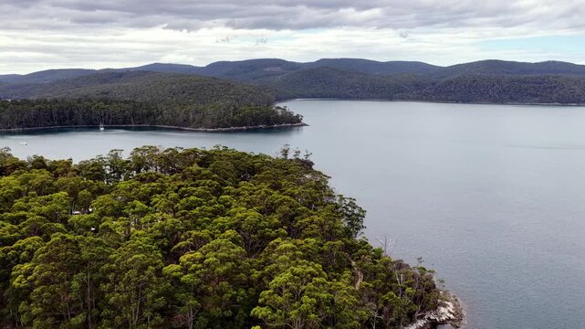 Port Arthur aerial panorama of historic gaol conviction site in Tasmania of Australia.