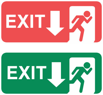 Illustrazione vettoriale di cartello uscita di emergenza con simbolo direzionale. Ideale per sicurezza sul lavoro, edifici pubblici, evacuazione e segnaletica normativa.	
