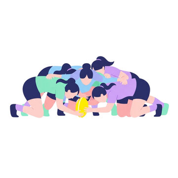 Women's rugby team scrum in colorful sportswear on white background  