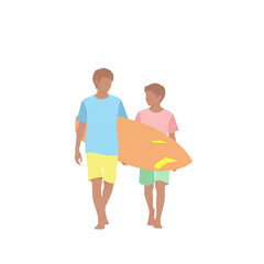 Fototapeta premium Two boys walking together with surfboard on white background 