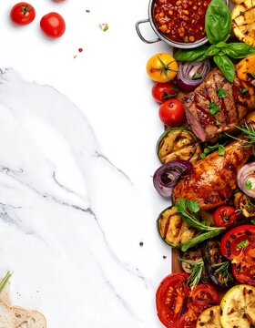 Grilled Meat and Vegetables on Marble Surface.