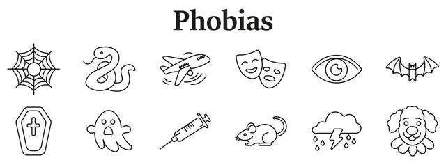 Fototapeta premium Phobias fear set icon. Spider web, snake, airplane, theater masks, eye, bat, coffin, ghost, syringe, mouse, storm cloud, dog head line style.