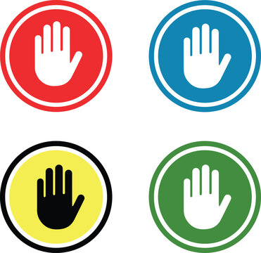 Illustrazione vettoriale di segnale ALT con mano alzata in vari colori, simbolo di stop, avviso e controllo accessi. Ideale per sicurezza, segnaletica, interfacce digitali e comunicazione visiva.