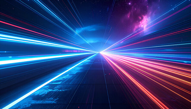 Abstract perspective of a cosmic highway with light trails converging into space