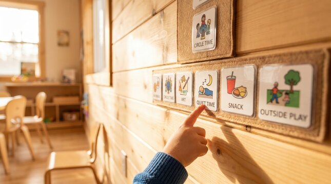 Child pointing to quiet time pictogram on visual schedule in wooden classroom. Early childhood education, routine planning and autism support concept.
