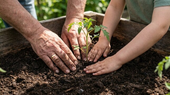 Grandfather and Child Hands Together Planting Seedlings
