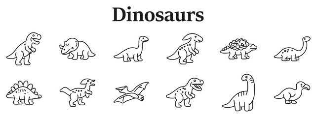 Dinosaur cartoon set icon. Smiling tyrannosaurus, triceratops, long neck, crested dinosaur, armored species, spotted bodies, flying reptile, playful shapes line style children theme. © Кирилл Макаров