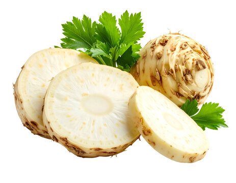 Rustic organic agricultural photography highlighting a whole rough celeriac root alongside thick round cut slices and green parsley.