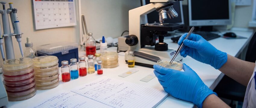 Scientist working in laboratory with microscope and petri dishes examining samples with gloves on surrounded by various lab equipment and colorful liquids