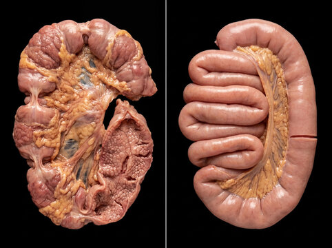 Pancreas and small intestine gross anatomy comparison: lobulated pancreatic tissue with peripancreatic fat (left) and coiled small intestine with mesenteric fat (right),  on black background.