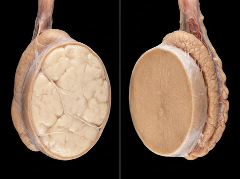 Testis sagittal section comparison: normal human testis with prominent seminiferous lobules (left) and normal human testis with homogeneous parenchyma (right), on black background.