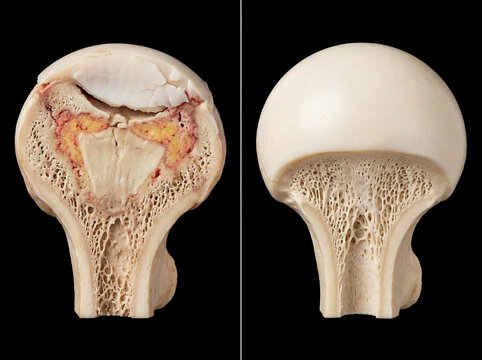 avascular necrosis (osteonecrosis) with subchondral collapse and degenerated articular cartilage (left) and normal healthy bone epiphysis with intact articular cartilage (right),  on black background.