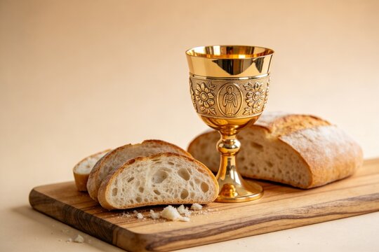 Golden chalice and bread on wooden board