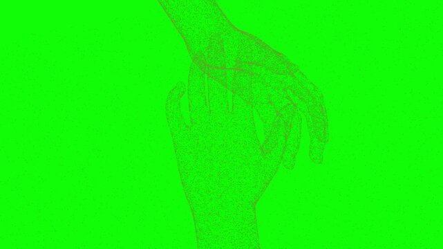 Human hands outline made of digital noise and stippling particles reaches out on a chroma key green screen in a 3D animation loop about modern connection
