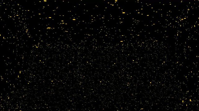 Particle animation with falling yellow dots. Particle abstract three dimensional space. Particle modern background graphic on black background for technology.