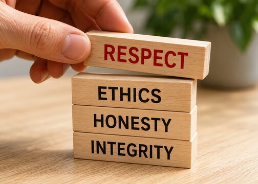 Hand holds respect block atop ethics honesty integrity words.