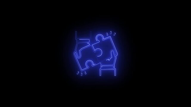 Neon line illustration of hands connecting jigsaw puzzle pieces, glowing on a dark background. This animated-style icon symbolizes teamwork, collaboration, cooperation, problem solving,