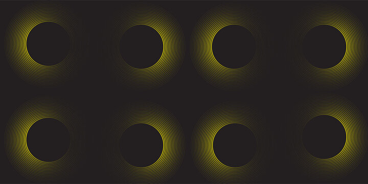 Gold circle halftone glowing rings set - round frames borders made from shimmering golden particles, dots and hearts sequins arranged into concentric circular strips pattern. Luxury festive elements.