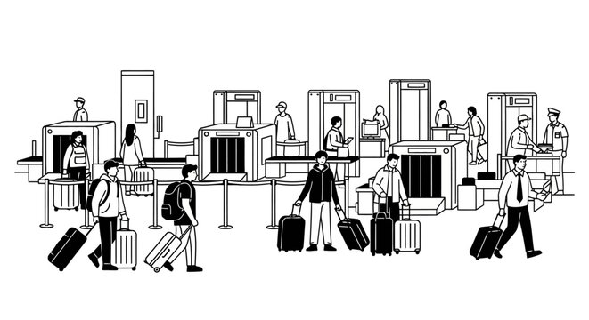 Airport security checkpoint line drawing with travelers and luggage