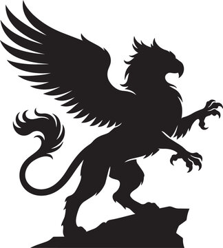 Silhouette of a mythical griffin statue on a pedestal in a park setting, Generative Ai