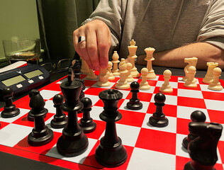 Jugando ajedrez chess con piezas blancas y negras en tablero chessboard casillas rojo y blanco © Diego