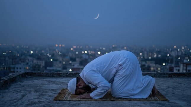 Muslim man praying in prostration on rooftop at night under crescent moon