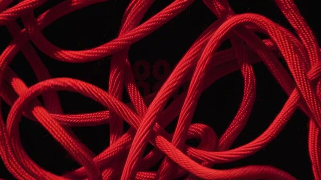 Close up of chaotic red cables tangled together. Macro texture, electronic abstract, industrial network.