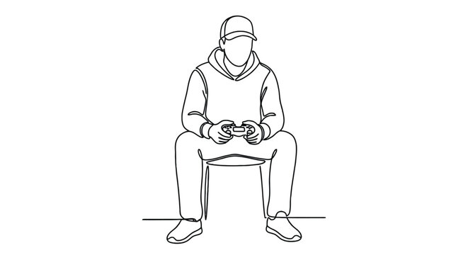 Line drawing of a young man playing video games with a controller