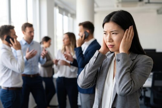 Businesswoman covering ears, struggling with loud office environment and lack of concentration