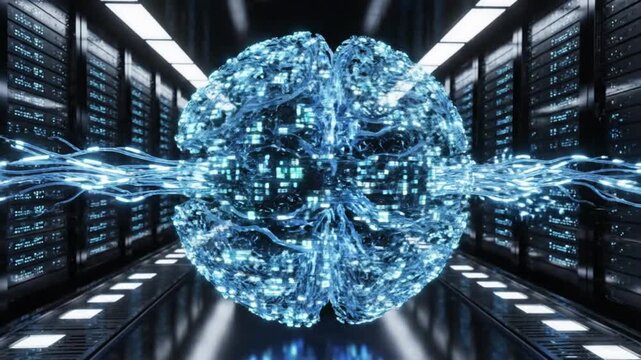 Dynamic data transfer visualized advanced technology sphere in server room 3d animation futuristic design high-tech environment